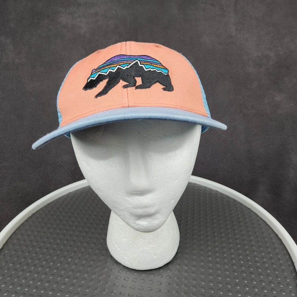 Patagonia Fitz Roy Bear Trucker Hat Cap Snap Back Blue Orange Mesh Kids One Size